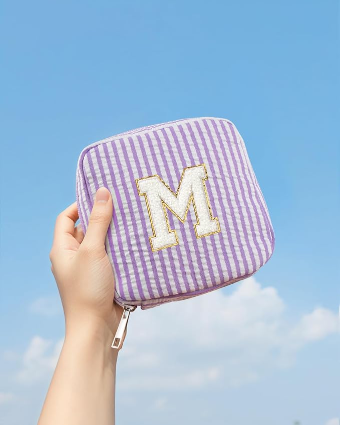 Purple Cute Travel Makeup Bag - Preppy Makeup Bag Sweet 16 Gifts Sister Girlfriend Gifts Monogram Makeup Bag Make Up Bag Large Cosmetic Bags for Women Friend Graduation Gifts for Her