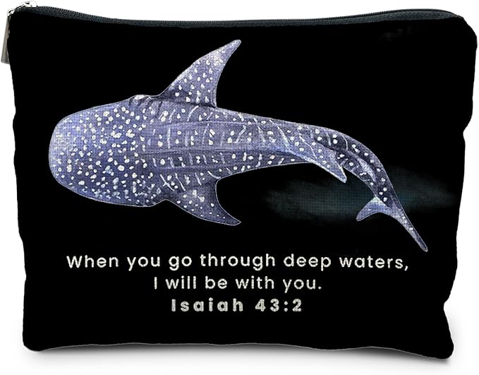 Whale Shark Christian Makeup Bag Pouch, Christian Shark Gifts for Women, Bible Verse Gifts Isaiah 43:2, When you go through deep waters I will be with you(black)
