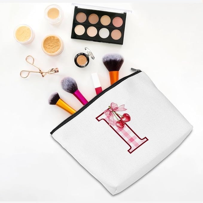 Initial Makeup Bag Monogram Cosmetic Bag Monogrammed Gifts for Women Girls Friends Coworker Wife Personalized Travel Toiletry Bag Christmas Bridal Shower Wedding Bridesmaid Gifts, Cherry I