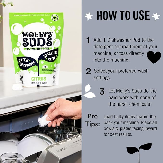Molly's Suds Dishwasher Pods | Clean Dishwasher Detergent, Cuts Grease & Rinses Clean (Residue-Free) for Sparkling Dishes | 120 Auto-Release Tabs (Unscented)