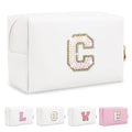 Small Initial Patch Makeup Bag Personalized Gifts Make Up Bag,White Cute PU Leather Glitter Letter Cosmetic Bag with Zipper,Trendy Portable Travel Toiletry Pouch,Preppy Stuff for Teen Girls Women C