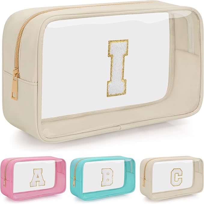 Personalized Initial Clear Makeup Bag, Travel Chenille Patch Cosmetic Bag, Preppy Toiletry Bag Monogram Cosmetic Pouch with Zipper, Ideal Gift for Teen Girls Women (Clear-Beige, I)