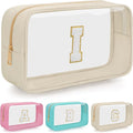 Personalized Initial Clear Makeup Bag, Travel Chenille Patch Cosmetic Bag, Preppy Toiletry Bag Monogram Cosmetic Pouch with Zipper, Ideal Gift for Teen Girls Women (Clear-Beige, I)