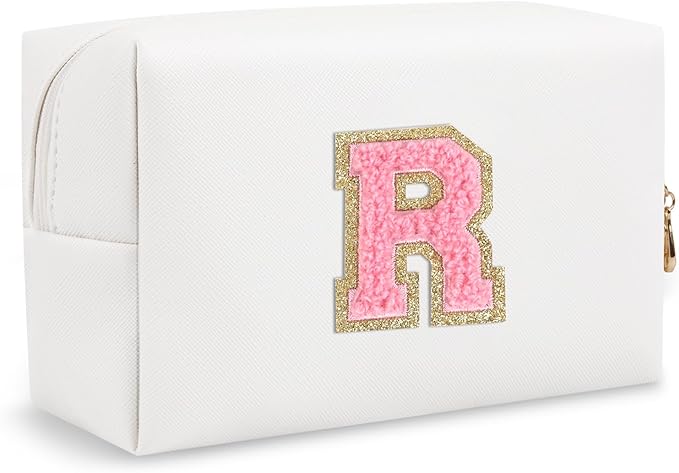 Small Travel Initial Preppy Makeup Bag, Personalized White Cute Cosmetic Organizer Chenille Letter Travel Toiltery Zipper Pouch, Waterproof PU Makeup Storage Gifts for Female Teacher Friend(Letter R)
