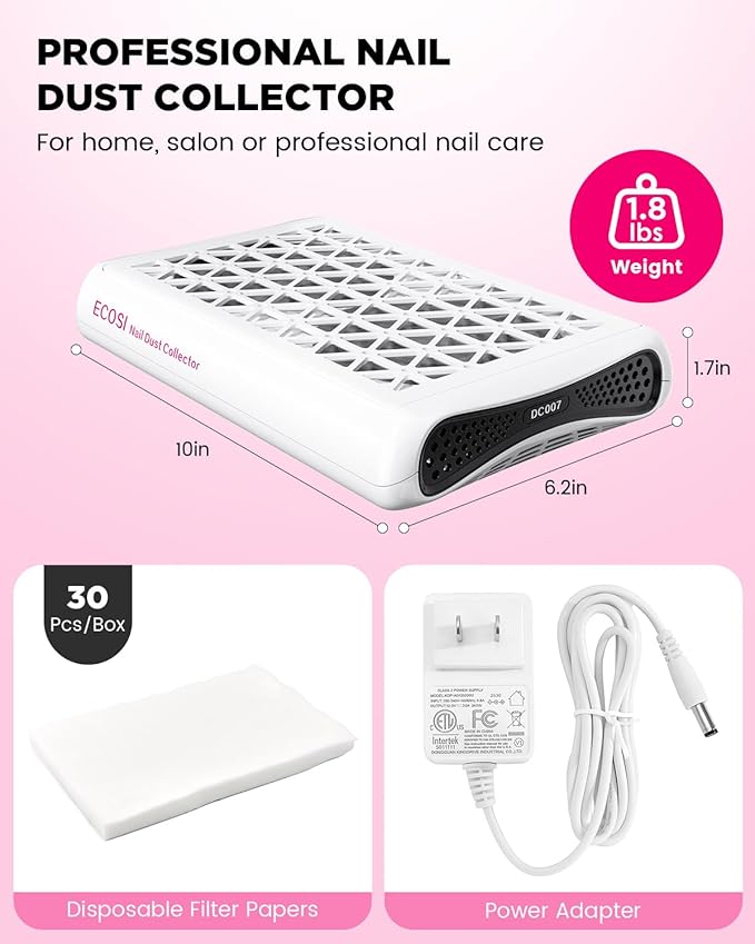 Nail Dust Collector, ECOSI 1600PA Professional Nail Dust Collector, 10-speed Adjustable Suction Nail Fan Dust Collector with Filter Papers (30 Pcs) for Manicure, Salon Nail Tech & Home (White)