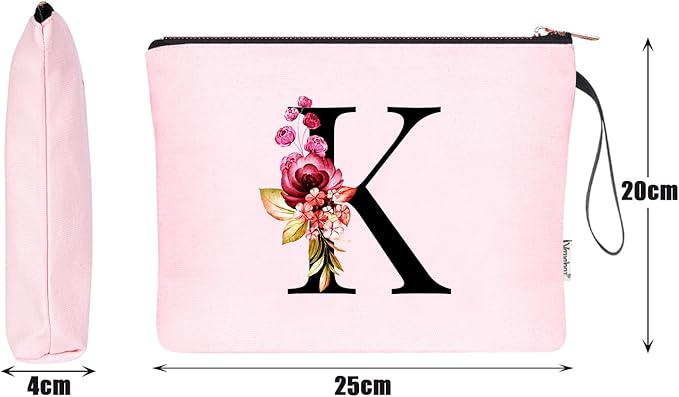 Vavabox A-Z Personalized Makeup Bag, Birthday Gifts for Women Mom, Gifts for Best Friend, Bride Bridesmaid Cosmetic bag (K, Pink)