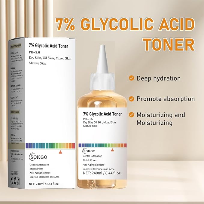 7% Glycolic Acid Exfoliating Toner, Exfoliating Facial Toner, Pore Minimizing Toner, Smooth Skin, Even Tone, Hydrating Formula