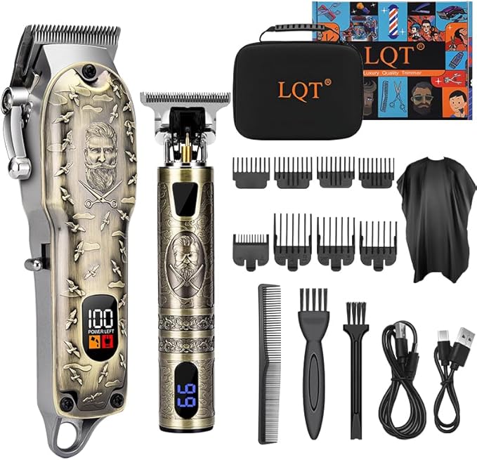 Professional Hair Clipper Set, Digital Display Trimmer Kit with Accessories, Barber Case and Cape, Vintage Design