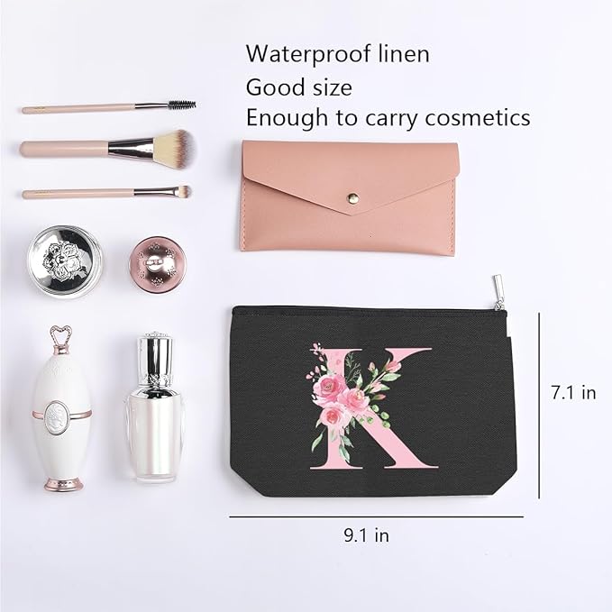 A-Z Personalized Cosmetic Bag Monogrammed Makeup Bags Bridesmaid Gifts Custom Toiletry Pouch Gifts for Women Mom Best Friend Sister Bride Bridesmaid (K)