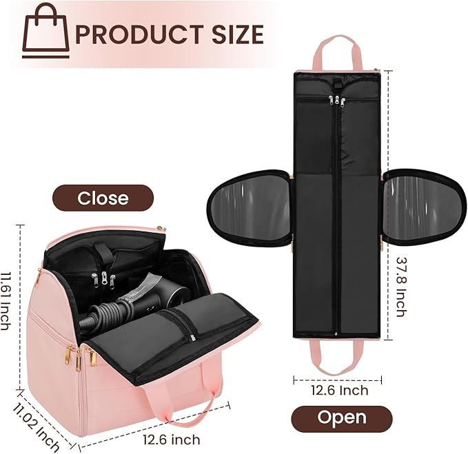 Wig Storage Bag Holds 3 Wigs Hair Tools Travel Bag Full-Open Breathable Organizer Case for Clips, Hair Dryer, Flat Curling Iron Brushes,Cosmetic Toiletry Tote Christmas Gift for Women Stylist