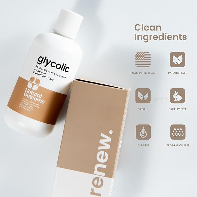 Natural Outcome Glycolic Acid Toner 5% for Face | Gentle Exfoliating Toner - with Aloe Vera & Quinoa Extract | Advance Anti-Aging Toning Solution Rejuvenates Skin & Minimizes Pore Appearance | 8 oz