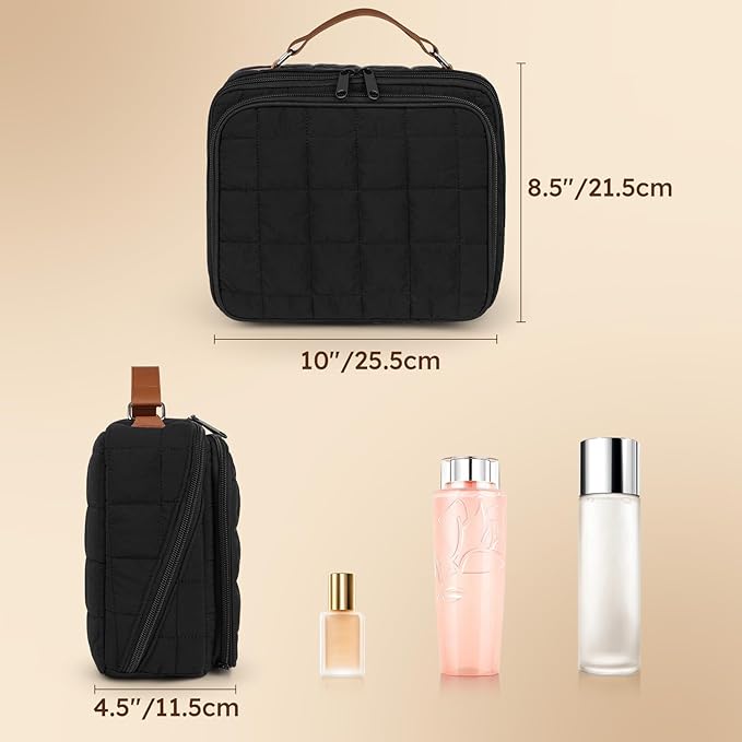 MOKURA Quilted Makeup Bag, Large Capacity Cosmetic Bag with Jewelry Organizer, Portable Make up Pouch, Waterproof Travel Toiletry Case with Compartments, Gifts for Women Girls, Black