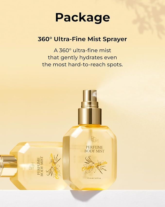 BOM Chiffon Vanilla Body Mist 3.71 Fl Oz, Vanilla Scented Fine Mist with Hyaluronic Acid, Niacinamide & Vitamin C, Hydrating, Lightweight, Long Lasting Fragrance, Korean Skincare
