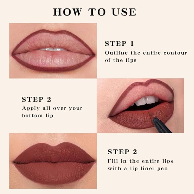 evpct Longwear Liquid Lip Liner Stain Marker Pen Long Lasting Waterproof, Dark Red Matte Semi Permanent 24 Hour Lip Liner and Lipstick Combo, Korean Color Stay Lipliner All Day, Lips Stain peel off
