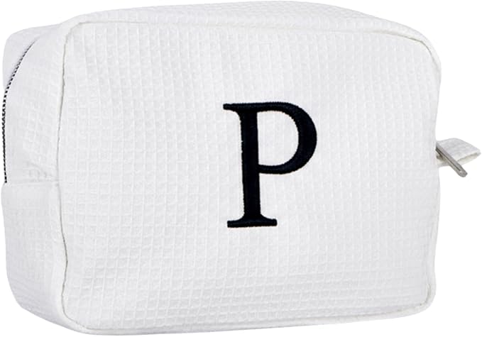 Personalized White Waffle Makeup Bag,Custom Embroidered Initial Cosmetic Pouch for Women,Monogrammed Cosmetic Case,Bridesmaid Gifts (P)