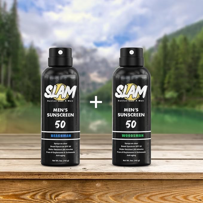 SLAM WoodsMan & BeachMan Bundle - Men's Scented Sunscreen Spray, Water Resistant, Paraben Free, Broad Spectrum UVA/UVB Sunscreen SPF 30