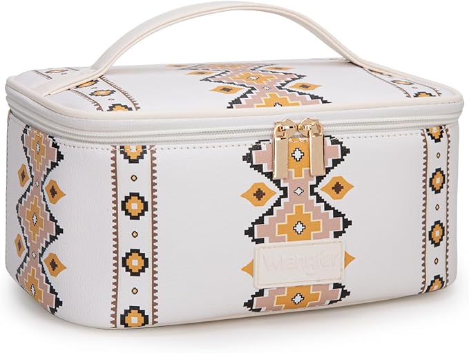Montana West X Wrangler Travel Makeup Bag 2pcs Set Large Cosmetic Bag with Makeup Brush Holder Portable Make Up Organizer Cute Toiletry Bag with Divider and Handle for Women Aztec