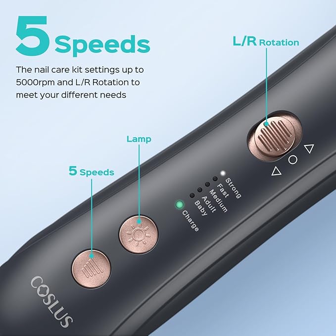 COSLUS Professional Manicure Pedicure Kit: Electric Cordless Nail File Set, 5 Speed Rechargeable Nail Drill Machine for Thick Nails, Toenail Grinder Cuticle Trimmer Hand Foot Callus Remover Nail Tool