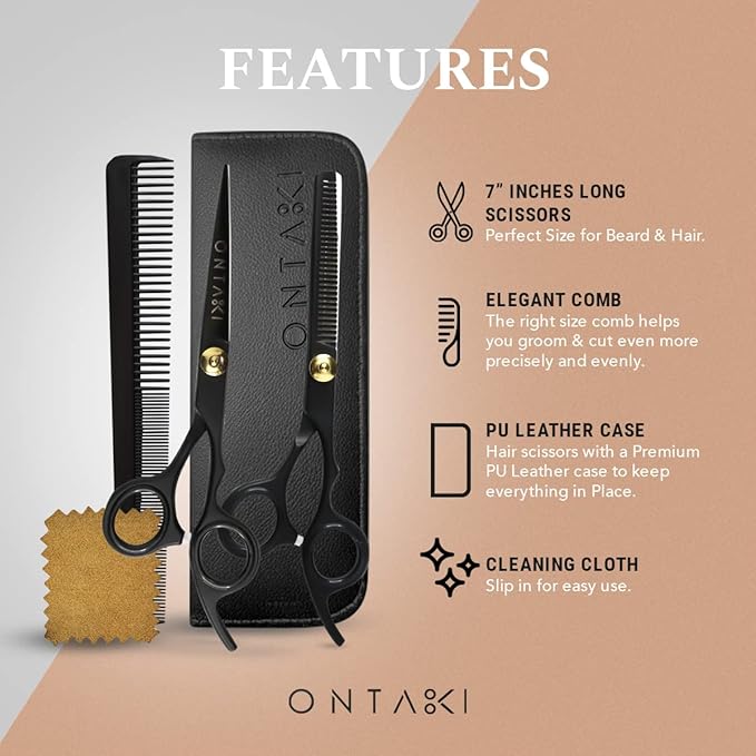 Ontaki Hair Cutting & Thinning Japanese Steel Shears Kit - 7-Inch, Black - Professional Hair Shears - Stainless Steel Thinning Scissors - Barber Scissors Kit with Comb & Pouch