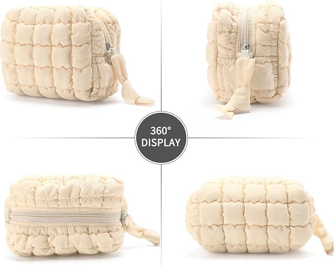 Puffy Quilted Makeup Bag Small Puffer Bag Cosmetic Bags Travel Toiletry Purse for Women, Cute Organizer Pouch, Beige