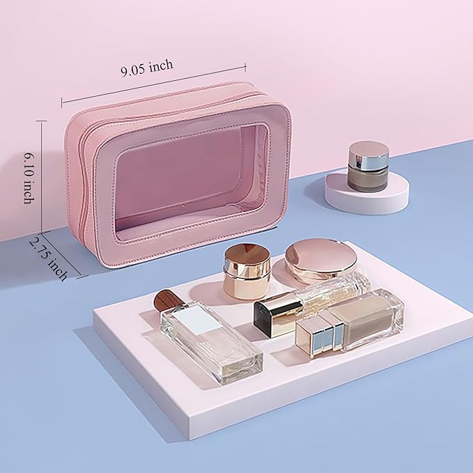 Clear and Waterproof Makeup Bag Portable Travel Cosmetic Case Organizer for Women Toiletry Pouch with Transparent Vinyl Windows & Zippers (Pink)