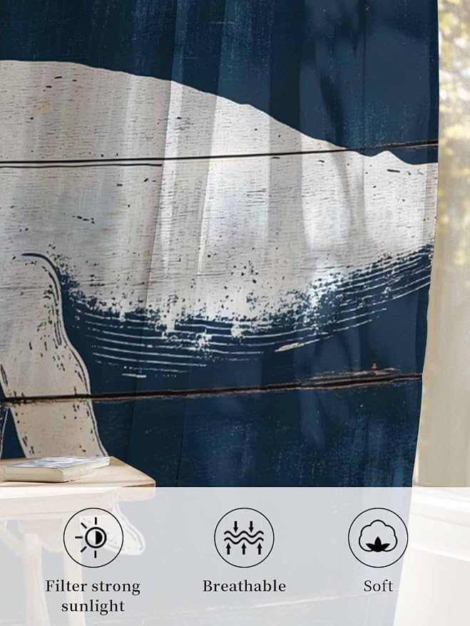 Sheer Curtains 54 Inch Length, Ocean Whale Blue Semi Sheer Curtains Light - Image 6