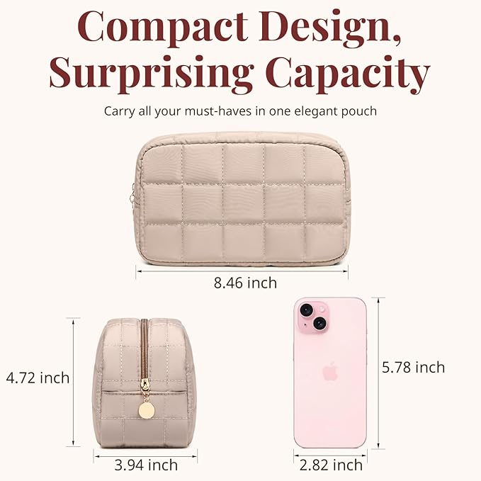Makeup Bag for Women, Travel Cosmetic Bag Organizer with Compartments, Quilted Puffy Toiletry Pouch for Brushes, Essentials and Accessories, Camel