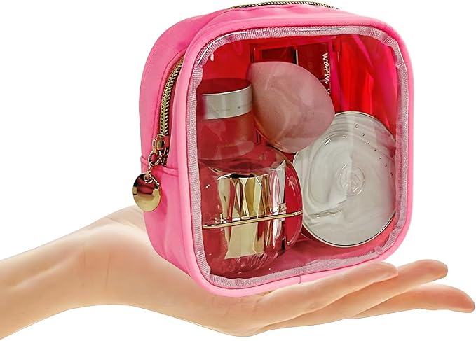 2PCS Pink clear Cosmetic Pouch Travel Cosmetic Case 5x5x2 inch Small Transparent Toiletry Pouch with Zipper Portabble Makeup Organizer for Women and Essentials