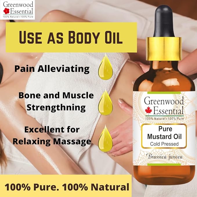 Greenwood Essential Mustard Oil (Brassica juncea) with Glass Dropper | Cold Pressed | Natural | Undiluted | For Diluting Essential Oils | For Skin & Massage | Men & Women | 15ml (0.50 oz)