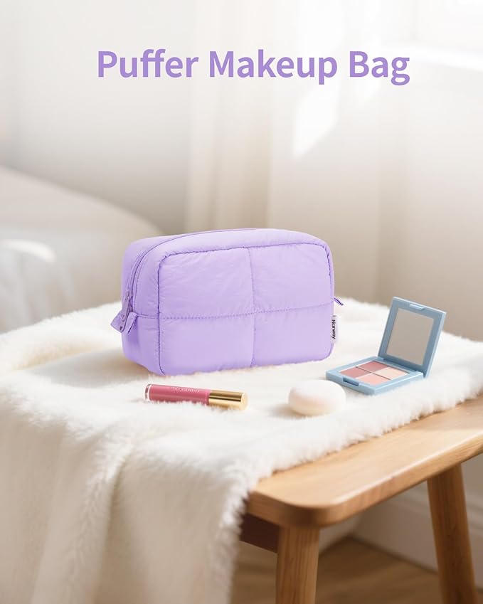 Narwey Puffy Makeup Bag for Travel Women Girl, Quilted Makeup Bag Cosmetic Bag, Cute Puffer Make Up Organizer Bags, Travel Toiletry Bag Toiletries (Purple)