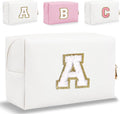 Small Personalized Letter Makeup Bag, Cute PU Leather Chenille Letters Cosmetic Bag Travel Makeup Pouch, Preppy Travel Organizer Zipper Pouch for Women&Girls（White-A）