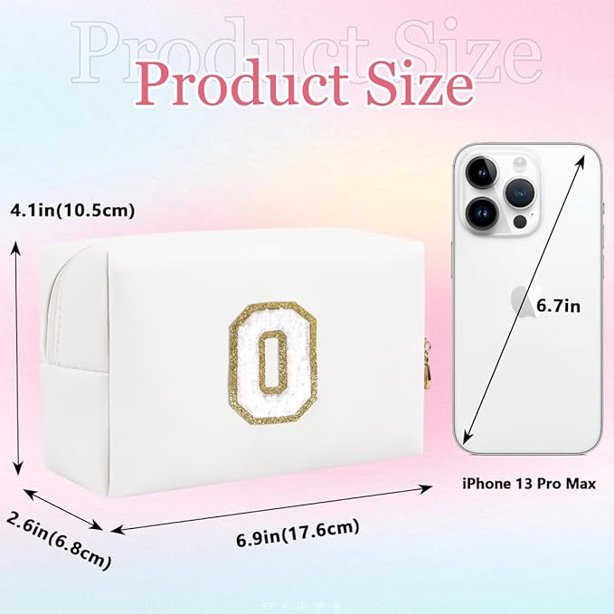Small Personalized Letter Makeup Bag, Cute PU Leather Chenille Letters Cosmetic Bag Travel Makeup Pouch, Preppy Travel Organizer Zipper Pouch for Women&Girls（White-O）