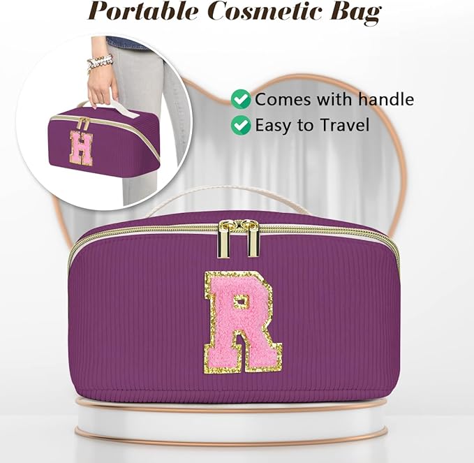 Personalized Initial Makeup Bag,Christmas Gifts for Girl,Preppy Bag Cosmetic Travel Bag Women,Travel Toiletry Organizer,Large Capacity Corduroy Stuff Bag,Cute Cosmetic Pouch Skincare Bag-G