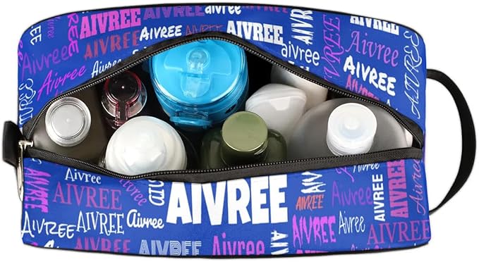 Custom Name Makeup Bag Travel Bag, Toiletry Bag Travel Large Capacity Cosmetic Container Organizer for Shampoo, Royal Blue Background Colorful Names