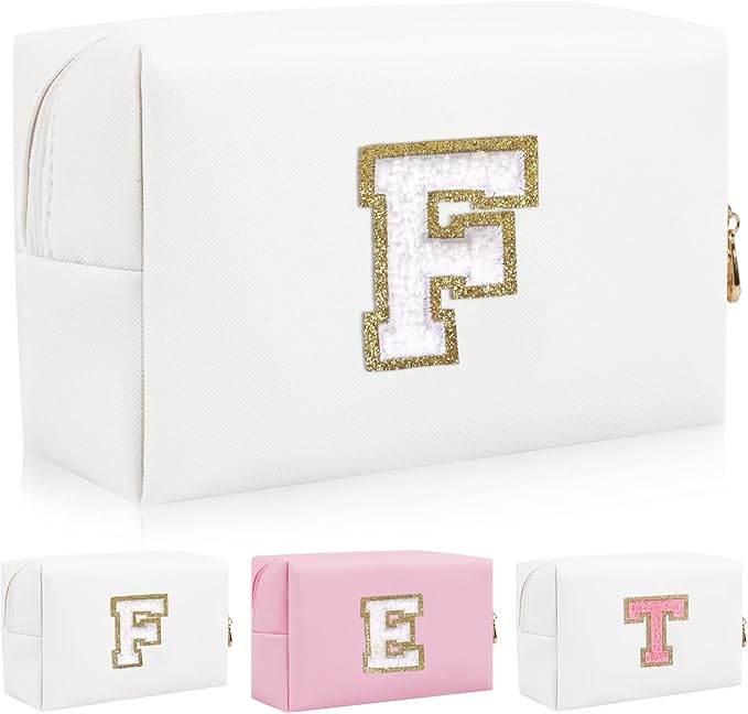 Personalized Initial Letter Patch Makeup Bag, Preppy Portable Chenille Letter Cosmetic Bag with Zipper, PU Leather Waterproof Travel Toiletry Bag Monogram Make Up Pouch for Women Girls(Letter F)