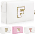 Personalized Initial Letter Patch Makeup Bag, Preppy Portable Chenille Letter Cosmetic Bag with Zipper, PU Leather Waterproof Travel Toiletry Bag Monogram Make Up Pouch for Women Girls(Letter F)
