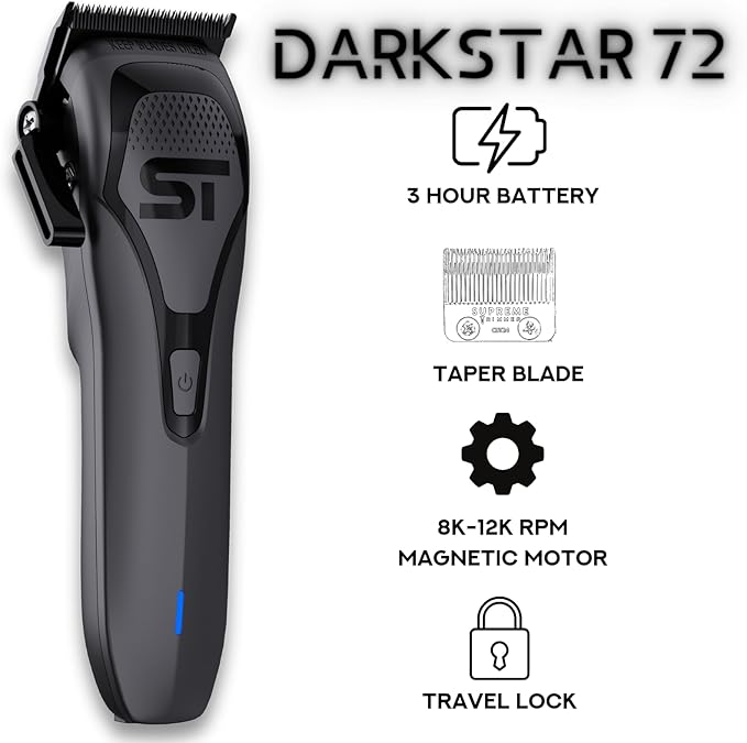 Supreme Trimmer Darkstar 72 Clipper with Magnetic Vector Motor | 180 Min Run Time, 9000 RPM Barber Hair Clipper | Low Noise, Professional Clipper DLC Blades | STC72