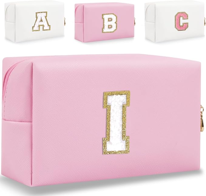Small Personalized Letter Makeup Bag, Cute PU Leather Chenille Letters Cosmetic Bag Travel Makeup Pouch, Preppy Travel Organizer Zipper Pouch for Women&Girls（Pink-I）