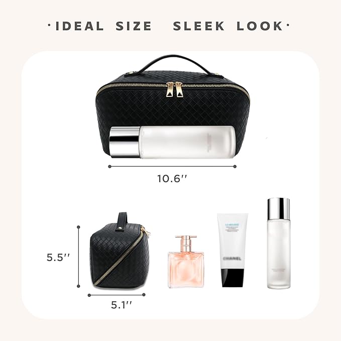 Travel Makeup Bag – Large Cosmetic Organizer with Waterproof PU Leather, Smooth Double Zipper & Tear-Resistant Lining, Toiletry Pouch for Women (Black)