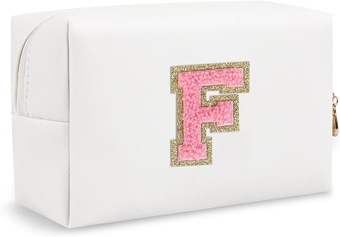 Small Initial Preppy Makeup Bag, Personalized Travel Cosmetic Organizer Chenille Letter White Toiletry Zipper Pouch, Portable Waterproof Makeup Case Gifts for Friends Female Friendship(Letter F)
