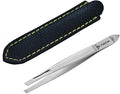 German Premium Slanted Tweezers in Leather Case - German Steel Hair Removal Tool for Eyebrows, Face & Ingrown Hairs – Hand-Finished, Ultra-Grip Tips, Premium Leather Case – Professional Salon Quality