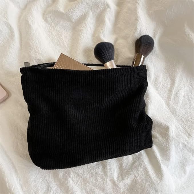 PAZIMIIK Makeup Bag Large Zipper Corduroy Make Up Pouch for Purse Travel Canvas Cosmetic Organizer for Women Brush Storage,Black