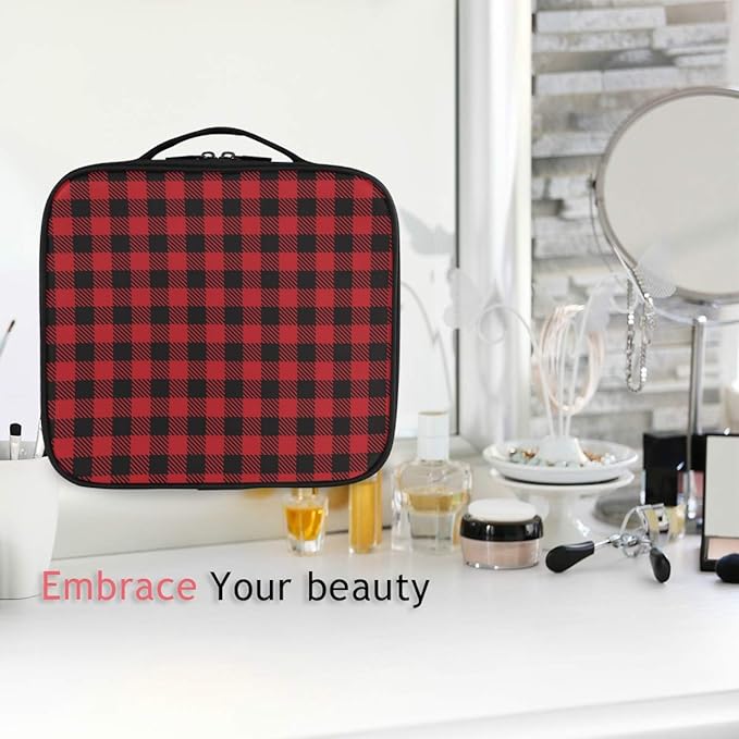 ALAZA Travel Makeup Case, Black and Red Lumberjack Plaid Cosmetic toiletry Travel bag for Women Girls