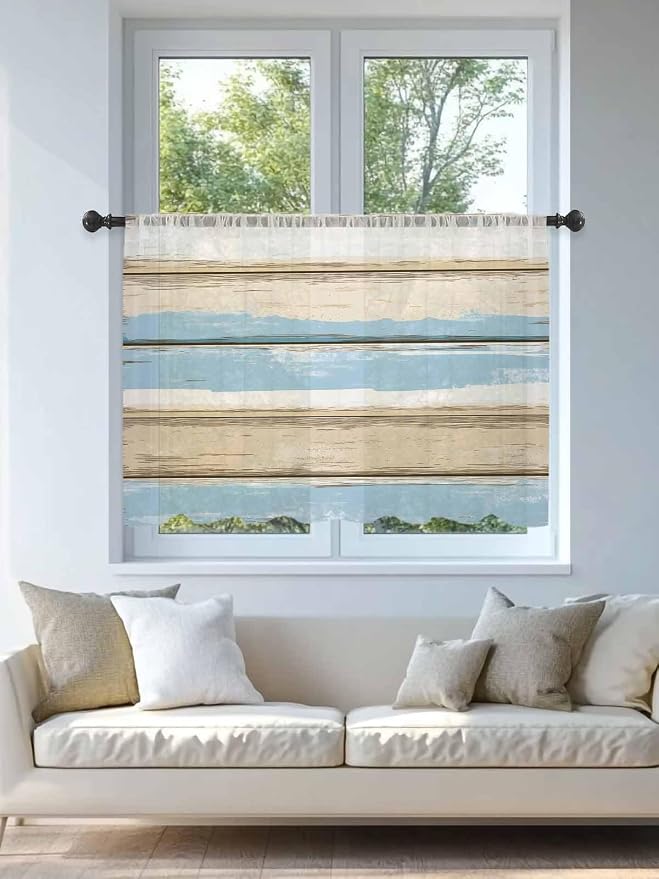 Sheer Curtains 54 Inch Length, Vintage Geometric Blue Semi Sheer Curtains Light - Image 4