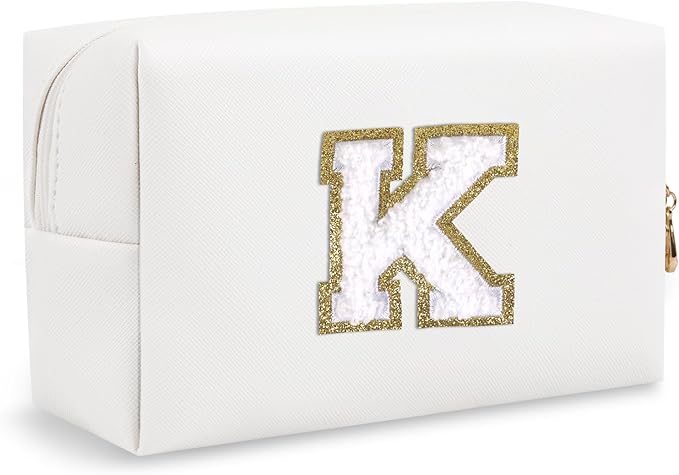 Personalized Small Travel Preppy Makeup Bag,Chenille Letter White Initial Cosmetic Pouch Travel Toiletry Organizer, Waterproof PU Leather Makeup Storage Birthday Gift for Women Best Friends(Letter K)