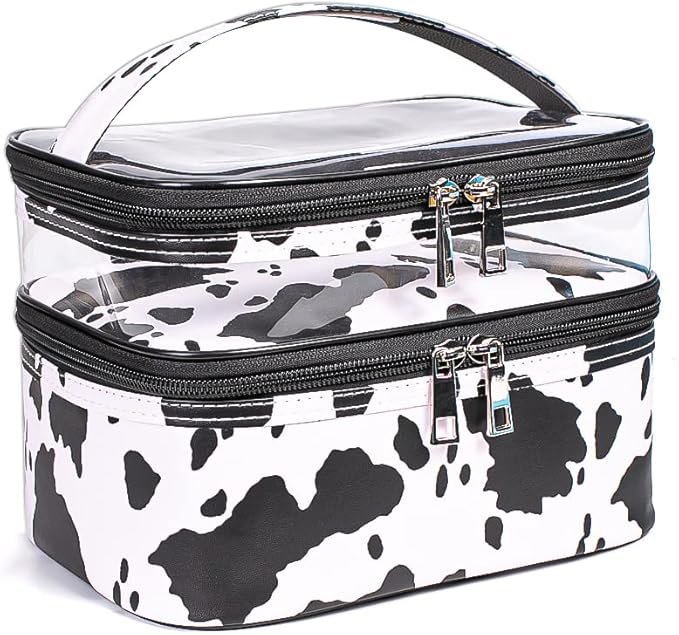 Double-layer Cosmetic Bag Makeup Bag Travel Makeup Bag Makeup Bags for Women Cosmetics Cases Portable Waterproof Foldable (Cow Print)
