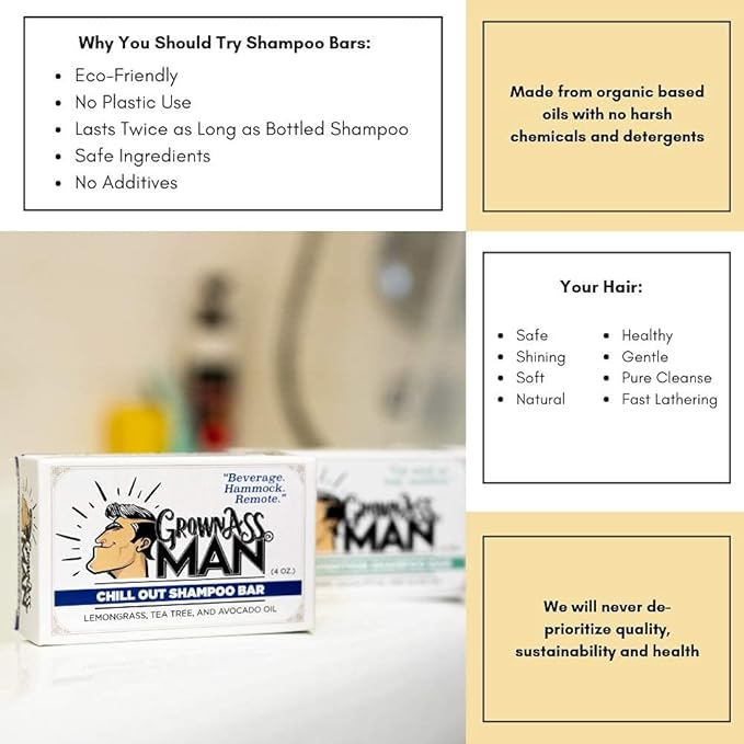 Grown Ass Man Co. - Solid Shampoo Bar Rich Lather 3 in 1: Hair, Beard & Body Wash - Plastic Free & Eco-Friendly, Natural & Organic Clean for All Hair Types, 4oz Bar (Mint Condition, Single)