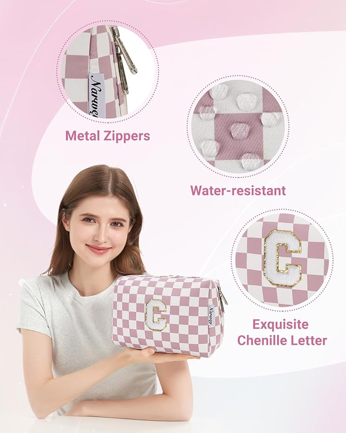 Narwey Birthday Gifts for Teen Girls Kids Women Personalized Initial Checkered Makeup Bag Pink Monogram Cosmetic Bag Trendy Stuff 6 8 10 11 12 13 14 16 18 Years Old Travel Toiletry Bag (Dusty Rose C)