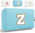 Small Personalized Letter Makeup Bag, Cute PU Leather Chenille Letters Cosmetic Bag Travel Makeup Pouch, Preppy Travel Organizer Zipper Pouch for Women&Girls（Blue-Z）