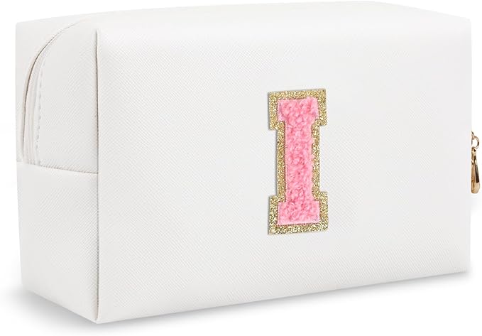 Personalized Small Travel Preppy Makeup Bag, Initial Cute Chenille Letter Cosmetic Organizer Toiletry Pouch, Waterproof Portable PU Monogram Make Up Case Preppy Stuff for Women Friends(Letter I)